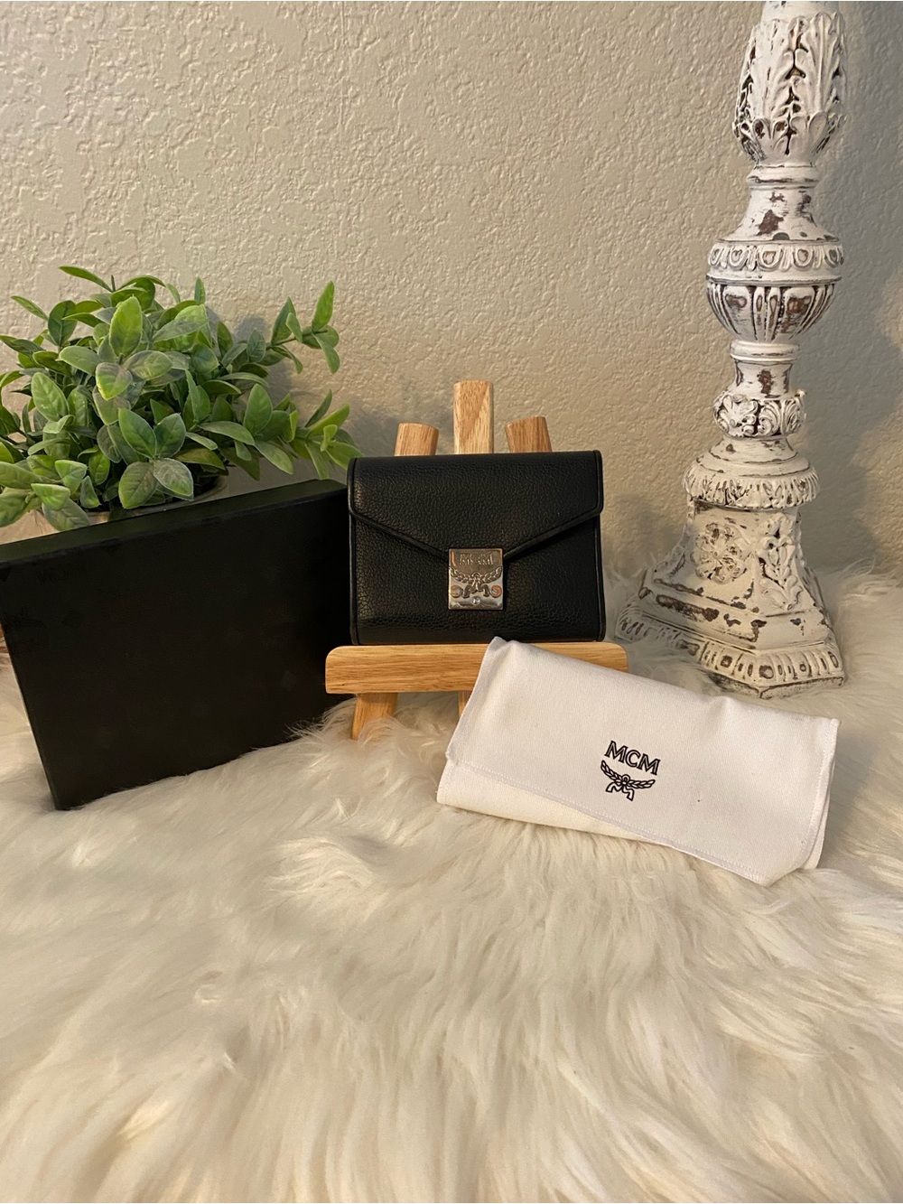MCM Black Pebbled Leather Envelope Wallet with Silver Plaque